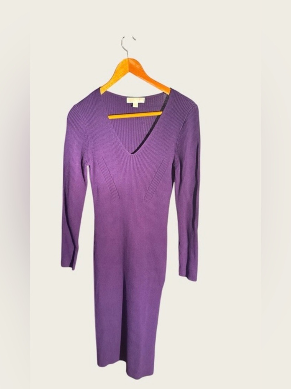 Michael by Michael Kors Purple Ribbed V-Neck Long Sleeve Dress Large